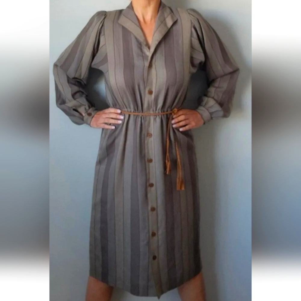 Vtg 80's Albert Capraro 100% Wool Beige Striped Button Down Midi Dress! Size 10